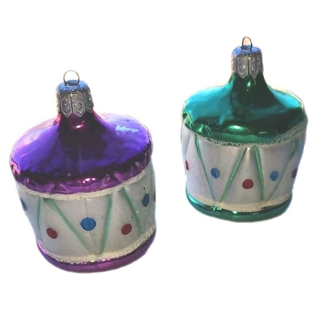 2 Vintage Christmas Blown Glass DRUM Ornament White Purple Green WEST GERMANY 3"